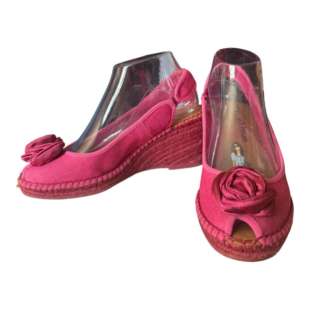 Libby Edelman Curtsy Pink Denim Rosette Wedge peep toe Espadrille size 8.5 - Picture 8 of 16